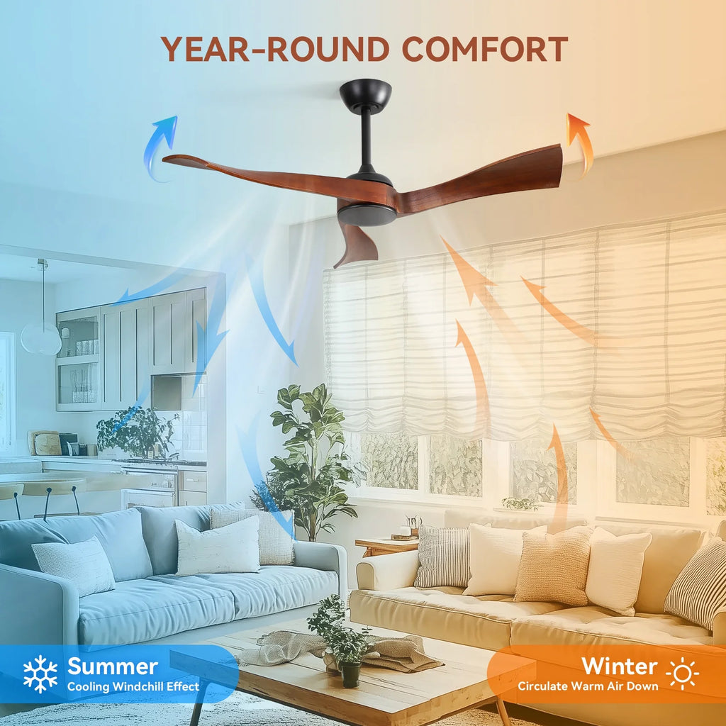 Sofucor 52" Wood Ceiling Fan No Light, 6 Wind Speeds, 3 Blades with Reverse Airflow, Black