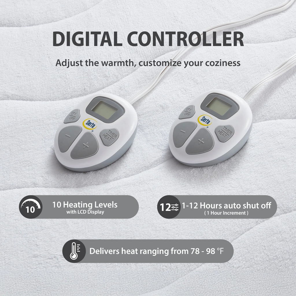 Serta Plush Queen Top Heated Plush Electric Mattress Pad, Auto Shut Off Ultra-Soft Waterproof Heating Mattress Protector with Dual Controller and 10 Heat Settings White