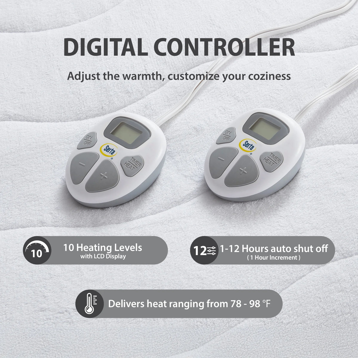Serta Plush Queen Top Heated Plush Electric Mattress Pad, Auto Shut Off Ultra-Soft Waterproof Heating Mattress Protector with Dual Controller and 10 Heat Settings White