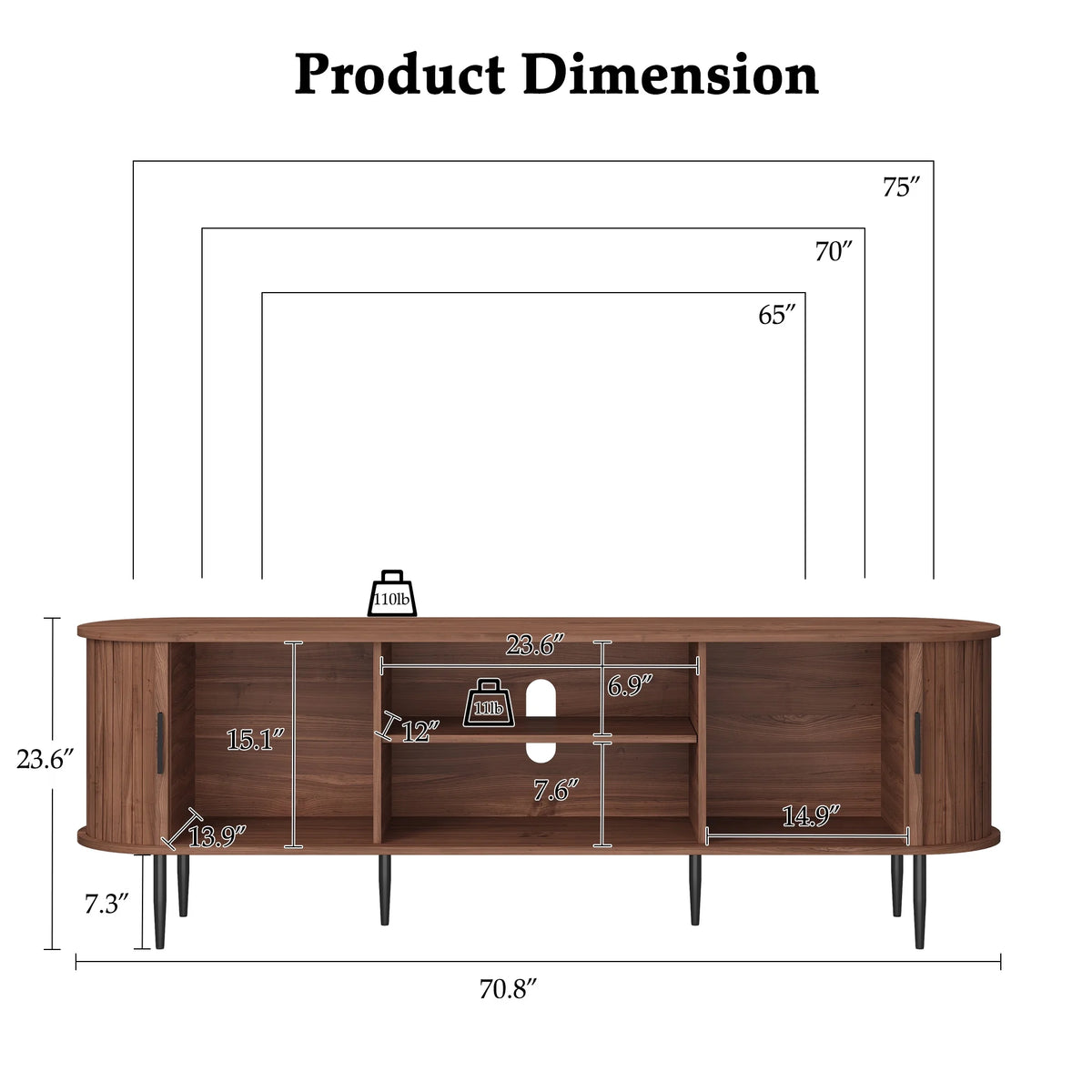 HLR 70" Mid Century TV Stand With Tambour Door For TVs Up To 80", Entertainment Center With Storage, Brown