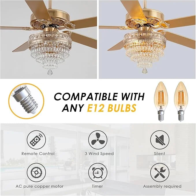 YIOSI 52" Crystal Ceiling Fan Fandelier with Remote Control, Modern Chrome Chandelier Ceiling Fan, Whisper-Quiet Motor, Reversible Blades, LED Lighting, Energy-Efficient, Elegant Living Room Fan