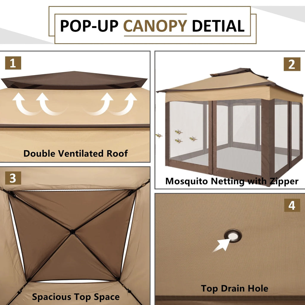 COBIZI 12x12 Outdoor Gazebo Pop Up Gazebo Canopy with Mosquito Netting Patio Tent Backyard Canopy with 2-Tiered Vented Top 3 Adjustable Height, Beige