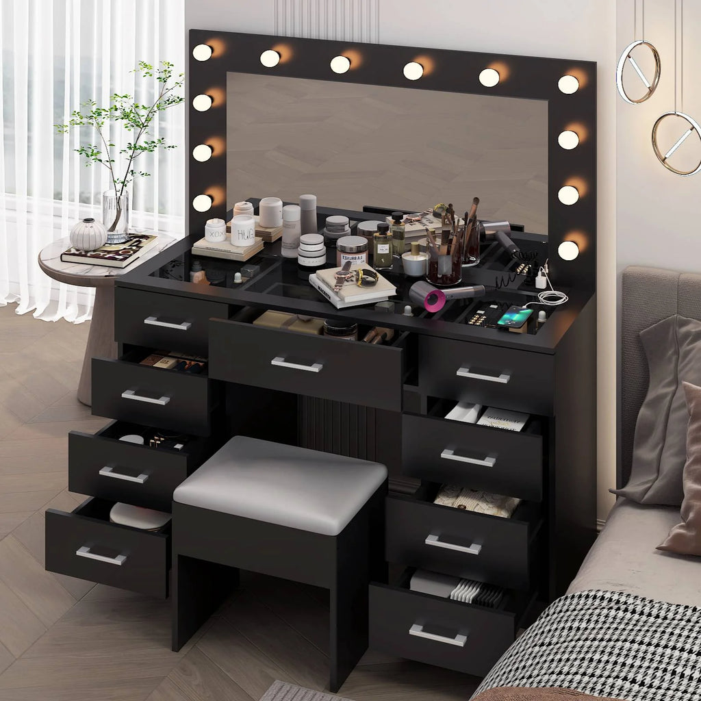 Ktaxon Large Makeup Vanity, Vanity Table Set w/ Visible Glass Top w/ Charging Station, White