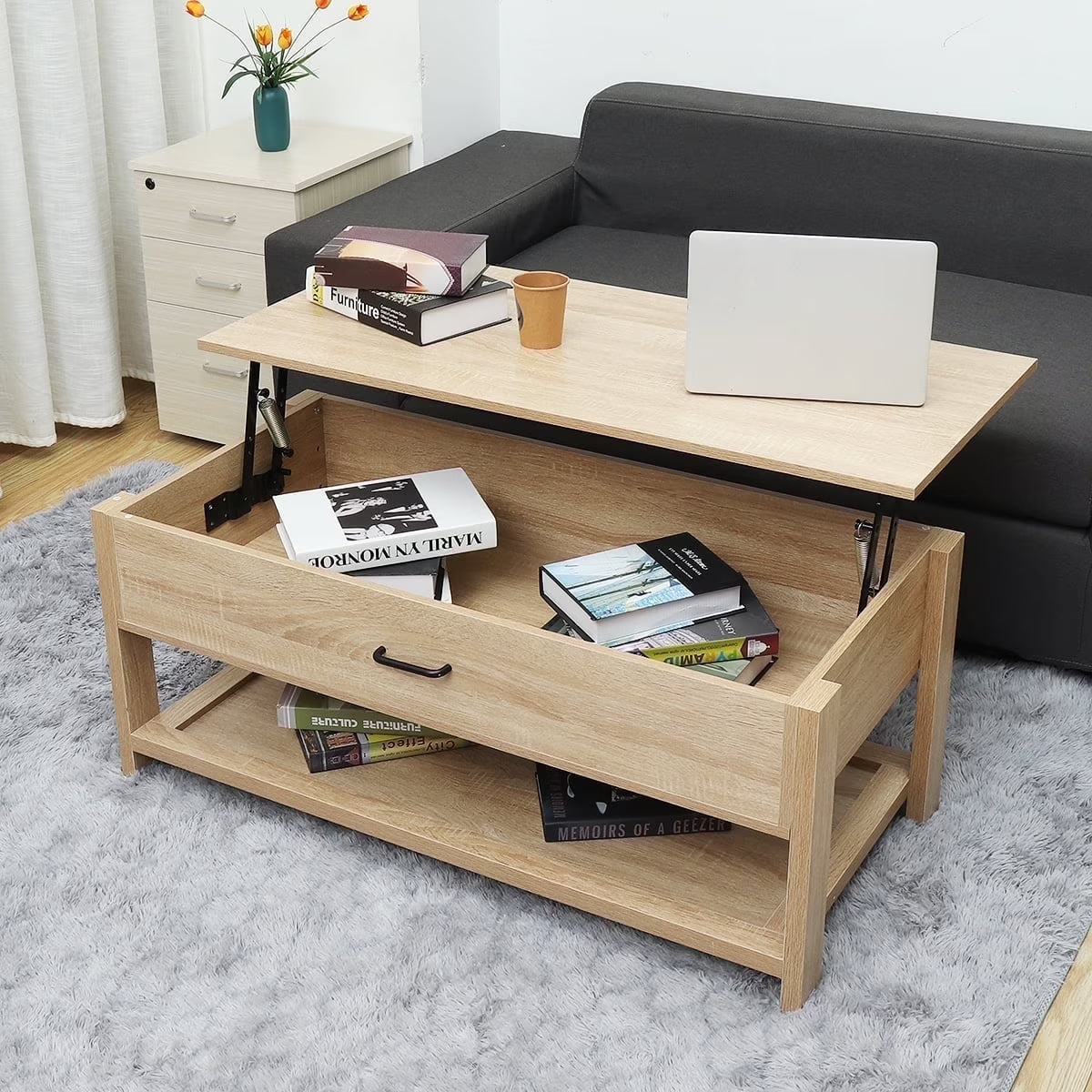 Hommpa LED Coffee Table Modern Side Tables High Gloss Black Cocktail Table with 2 Drawers Open Shelf for Living Room