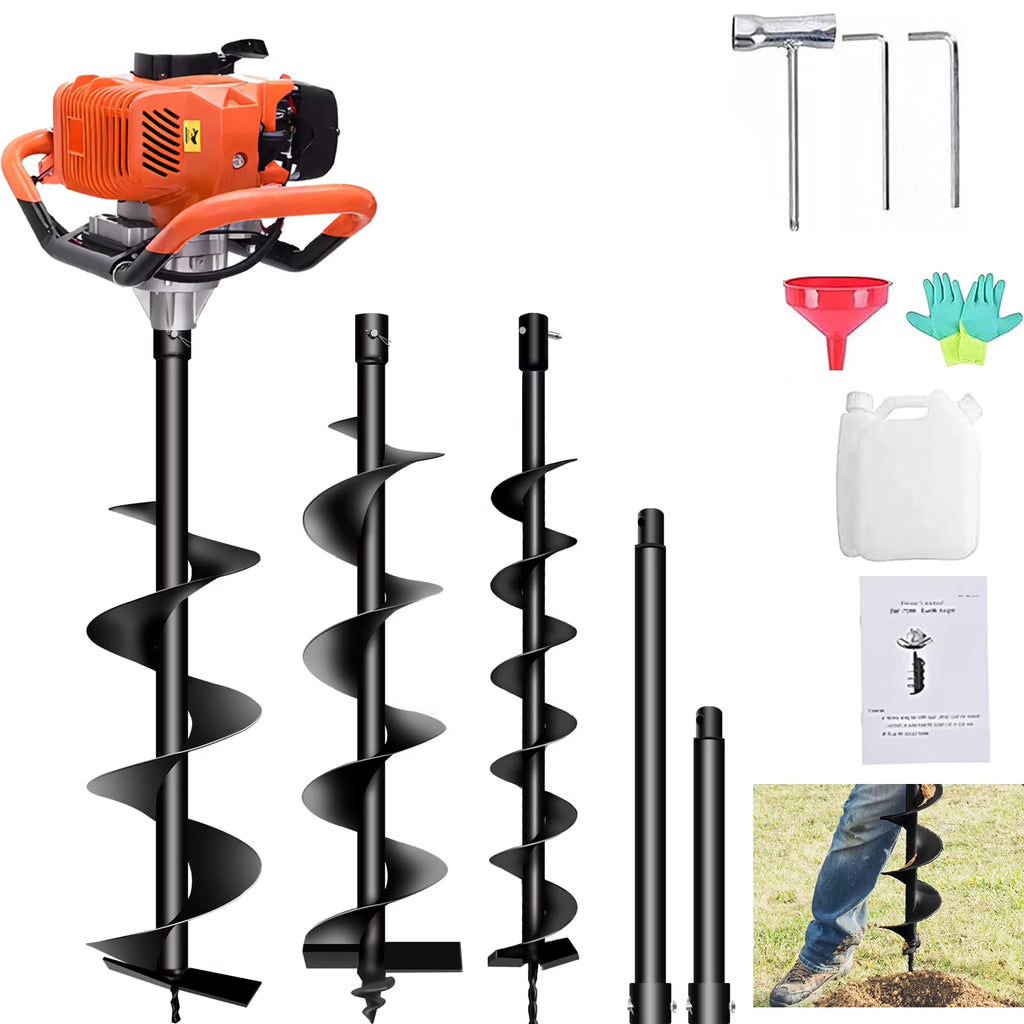 PRIJESSE Gas Powered Earth Digger Post Hole Digger with 3 Extension Rods + 3 Auger Drill Bits