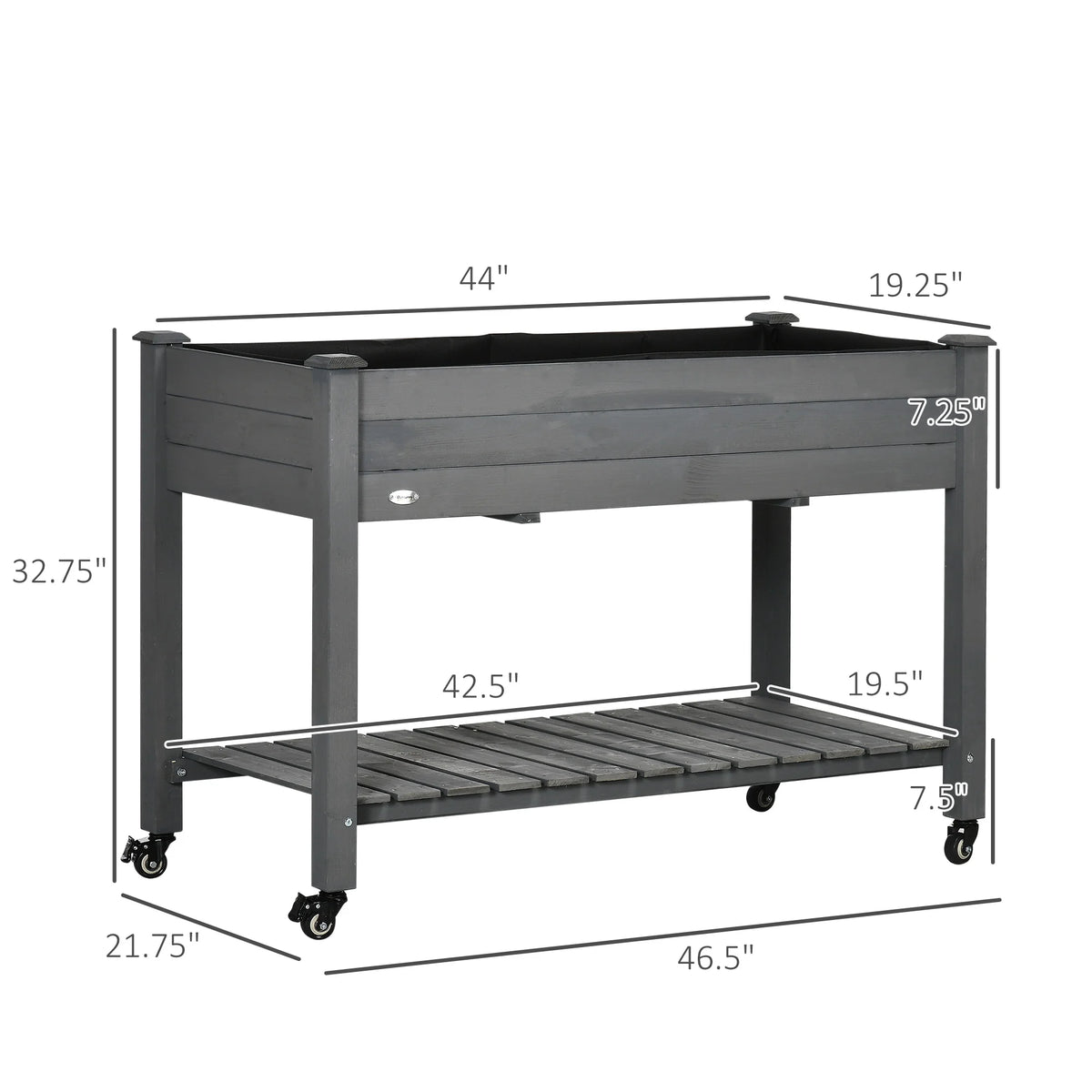 Outsunny 47" x 21" Raised Garden Bed Elevated Wooden Planter Box w/ Lockable Wheels, Storage Shelf and Bed Liner for Backyard, Patio, Dark Gray