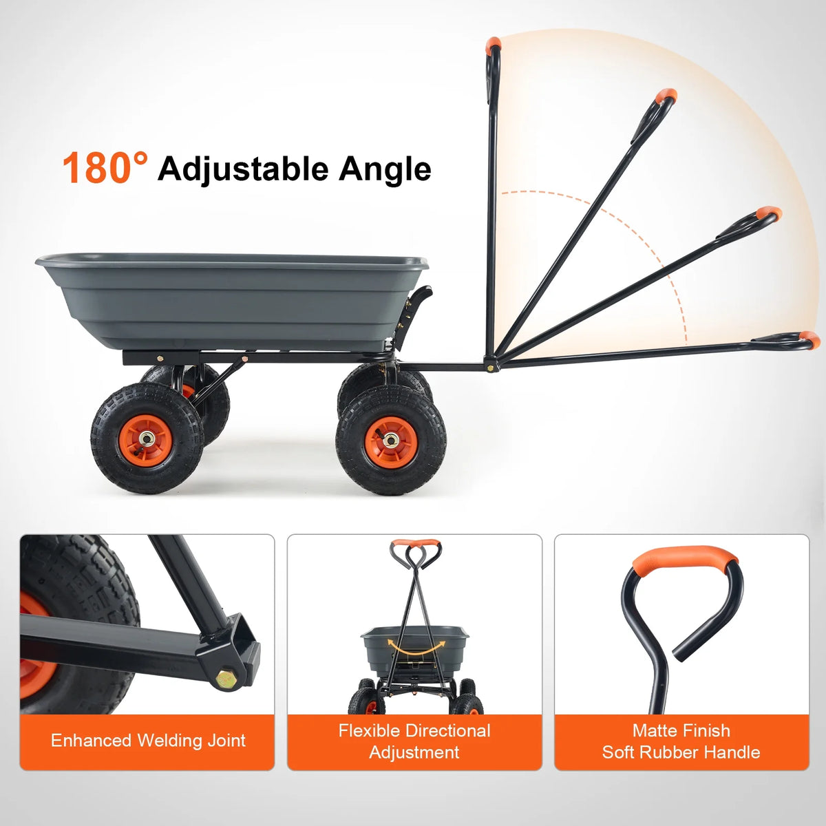 KFFKFF Garden Dump Cart, 35.8x19.5x8.2 in Dump Truck Cart, Max. 600lbs Load Capacity, 10in Rubber Tire, 180�� Adjustable Handle