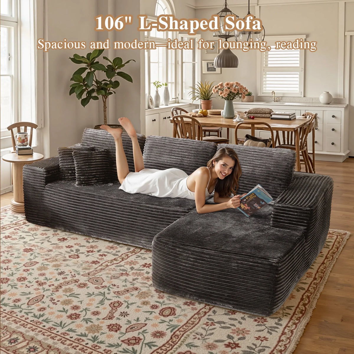 Ovios 106" L-Shaped Sectional Sofa Modern Modular Cloud Couch with Deep Seating Upholstered Sofa for Living Room Bedroom, No Assembly Required, Black(Corduroy)