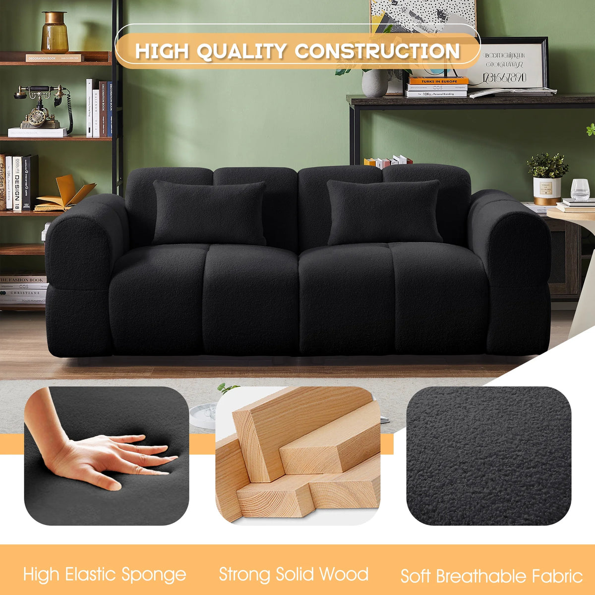 FREEHOMAE 80" Oversized Boucle Sofa Couch,Modern Loveseat,Deep Seat Love Seat,Mid Century Modern Sofa,Cloud Couch for Living Room,Apartment,Office,and Lounge,Black