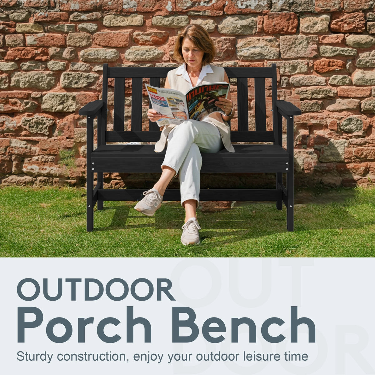 SERWALL Outdoor Bench for 2-Person, Weather-Resistant HDPE with Aluminum Reinforcement, Supports 660 lbs, Comfortable Seating for Patio, Garden, and Porch, Black