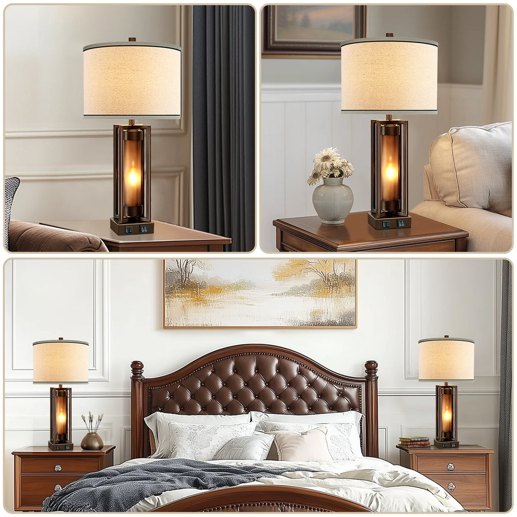 RORIA 24a?? Modern Living Room Table Lamp 2-Piece Set with 2 USB Charging Ports, Built-in White Frosted Glass with Night Light, Black Vintage Rustic Farmhouse Lamp for Bedroom Nightstand Lamps