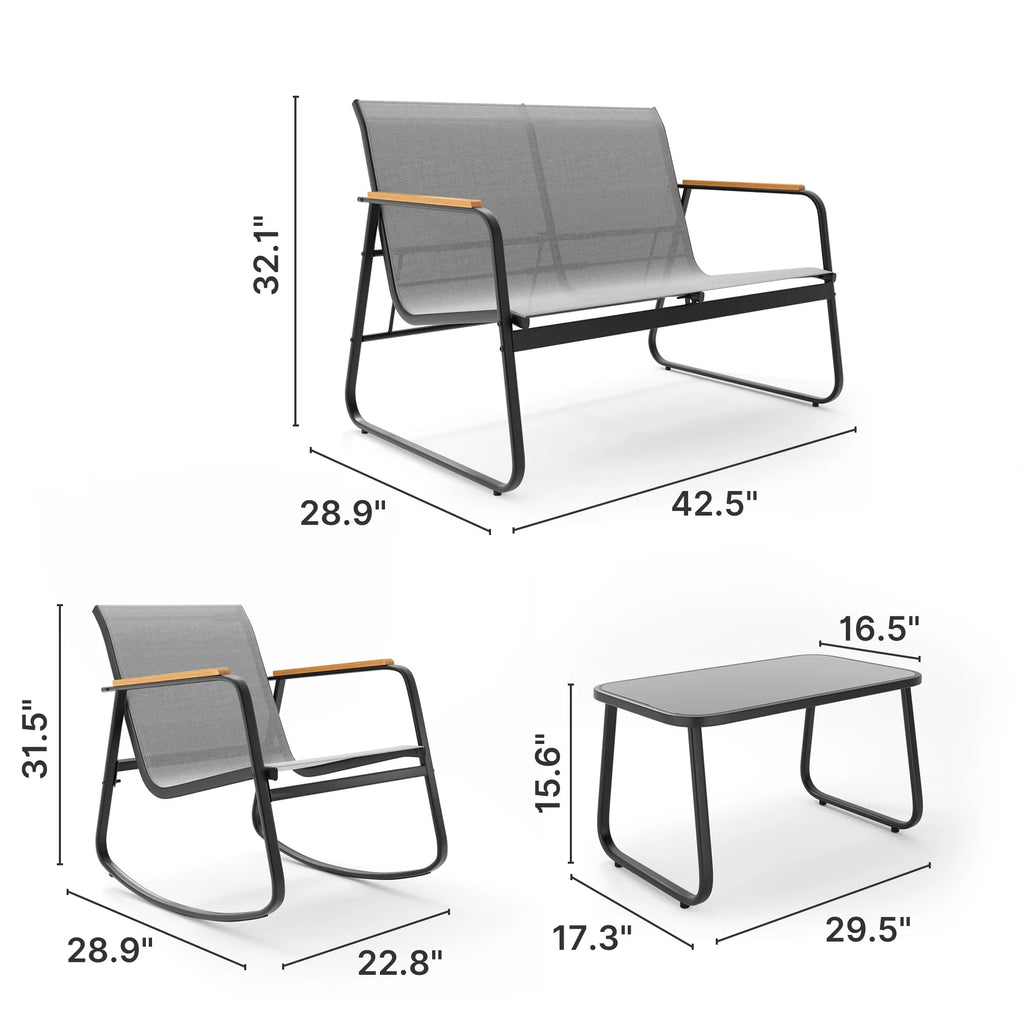 Patio Conversation Sets for 4, Lofka 4 Pieces Patio Furniture Sets with Rocking Bistro Fabric chairs, Garden Loveseat, Glass Coffee Table for Backyard, Poolside, Porch, Lawn, Black