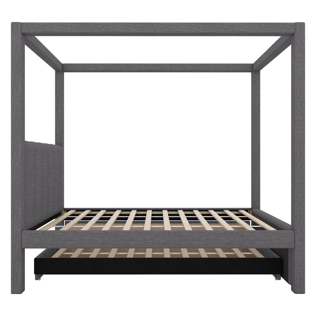 Harper & Bright Designs Twin Size Upholstery Canopy Platform Bed with Trundle and 3 Storage Drawers, Captain Platform Bed Frame with 4-Poster Canopy Roof, Beige