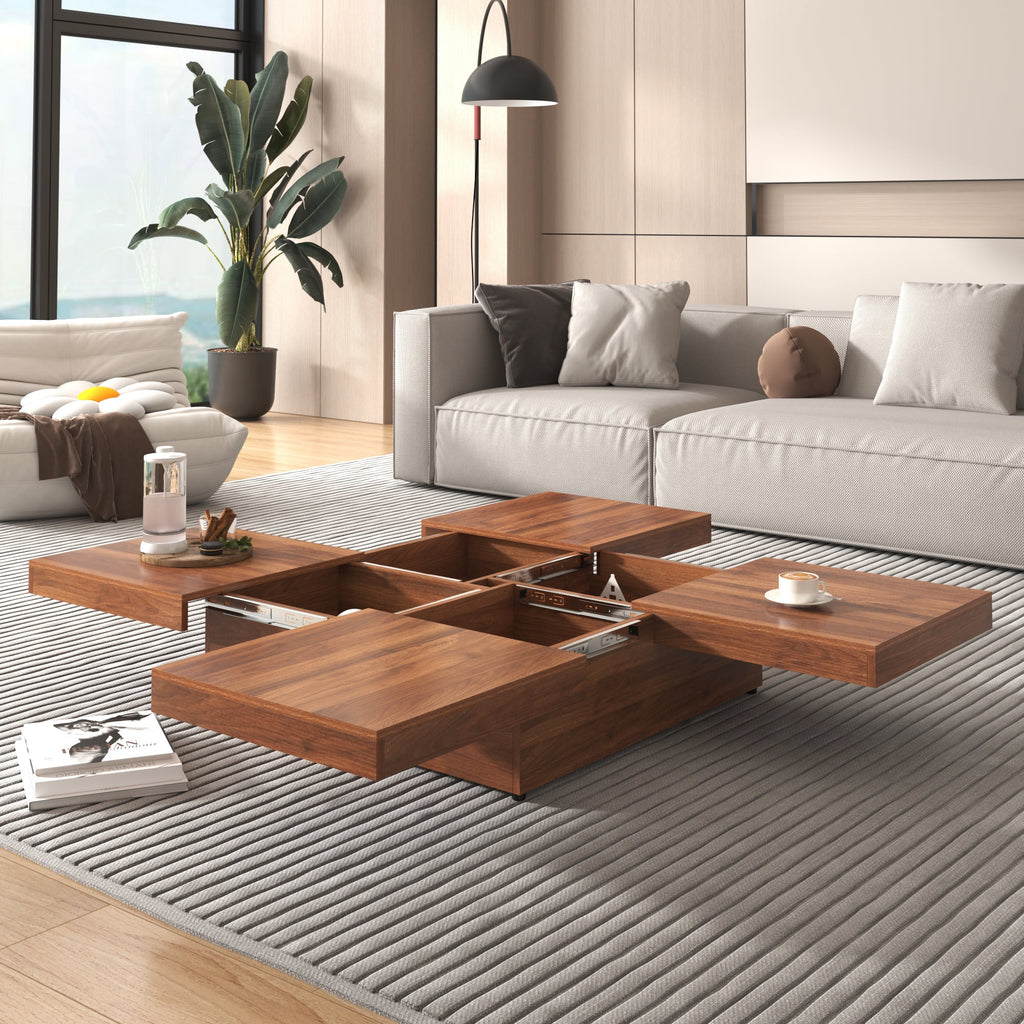 PORKISS Square Coffee Table, Modern Coffee Table with Sliding Top and Storage Space, Cocktail Table with Storage and Grain Veneer Finish, Freestanding Storage Coffee Table for Living Room, Walnut