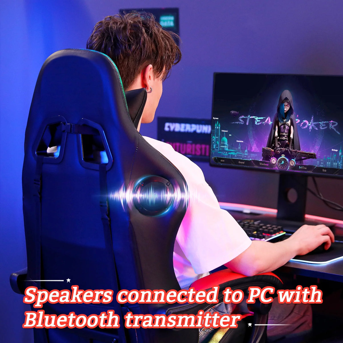 Hoffree Gaming Chair with Bluetooth Speakers and Footrest Massage Office Chair with LED Lights Ergonomic Game Chair High Back with Lumbar Support and Headrest Adjustable Swivel for Adults 300lb
