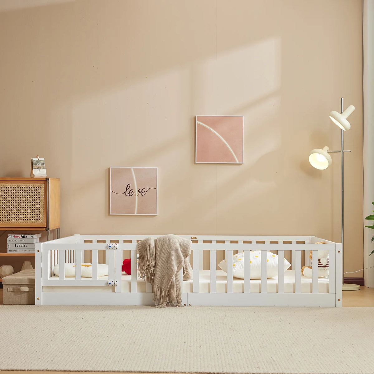 Zimtown Montessori Floor Bed Frame, Full Size Kids Toddler Bed with Fence and Door, Wooden Platform Bed, White