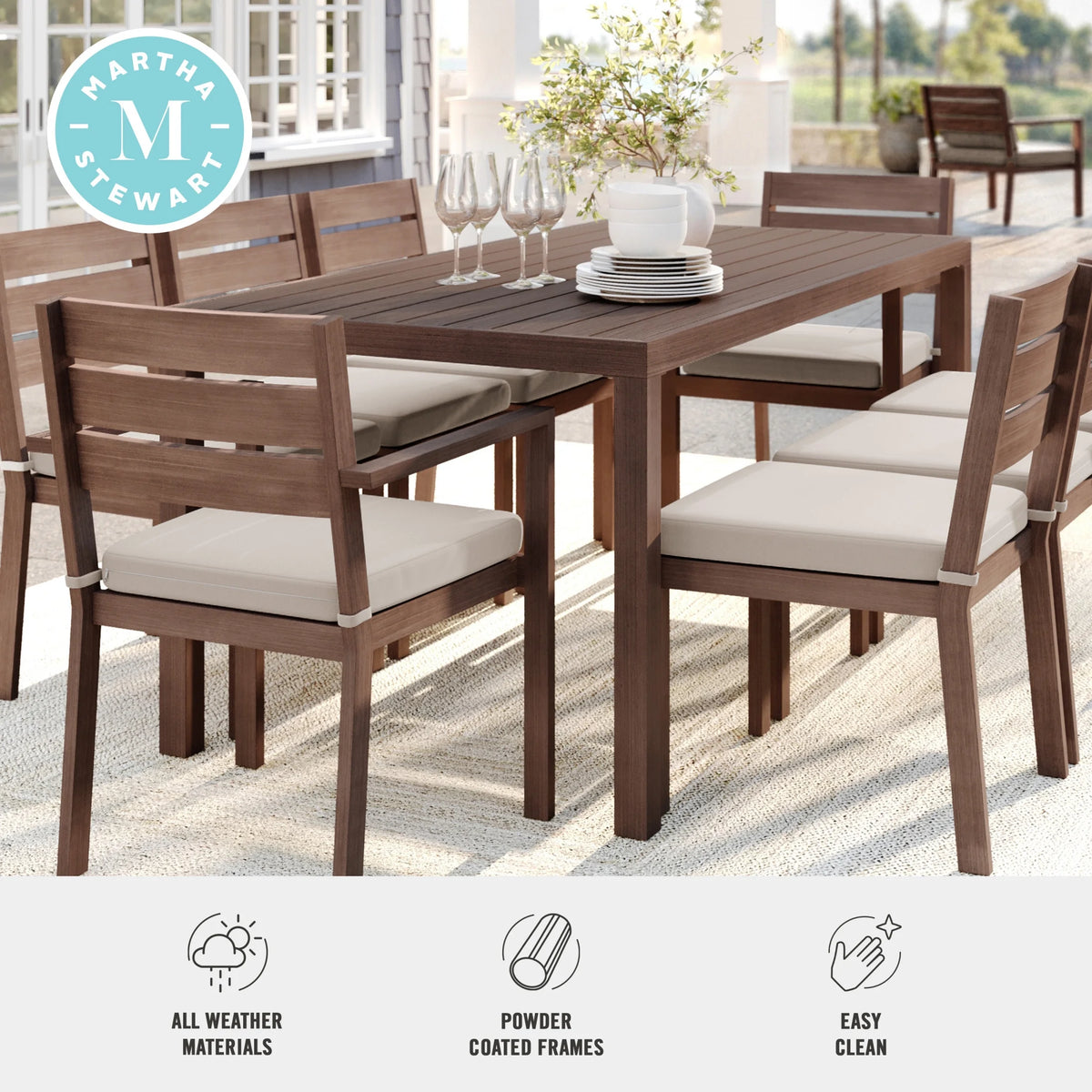 Martha Stewart 71" Indoor-Outdoor Patio Table with Gray Brushed Woodgrain Aluminum Finish