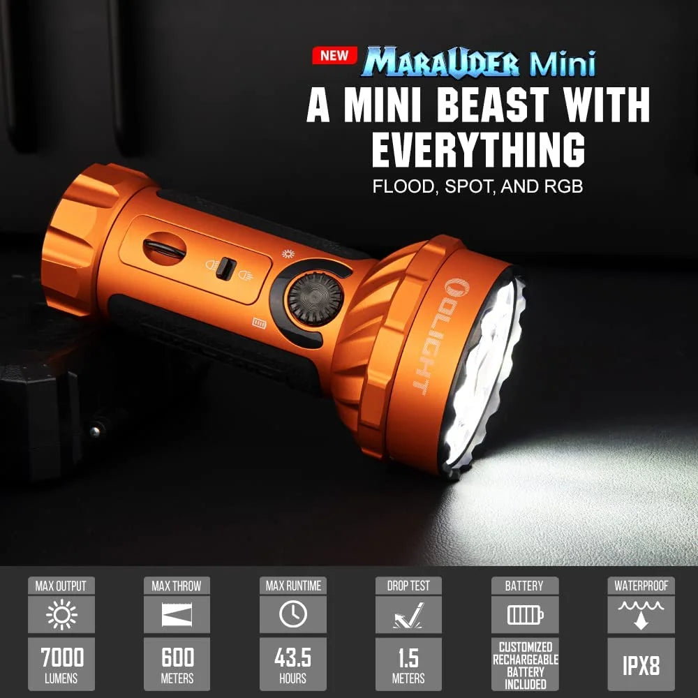 OLIGHT Marauder Mini 7,000 Lumens Bright Flashlight with 600 Meters Beam Distance, Powerful RGB Lights, Magnetic Rechargeable for Outdoors Work, Hunting, and Searching(Black)