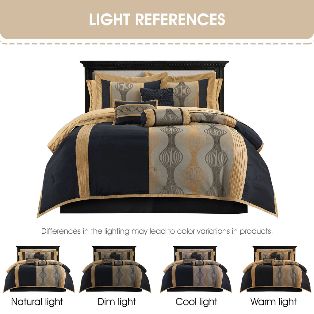 Lanco Elegant Black and Gold Comforter Set,Striped, 7 Pieces Jacquard Bedding Sets with Comforter for All Season, Bed Skirt, Pillows & Shams, Queen Size, Lightweight Microfiber