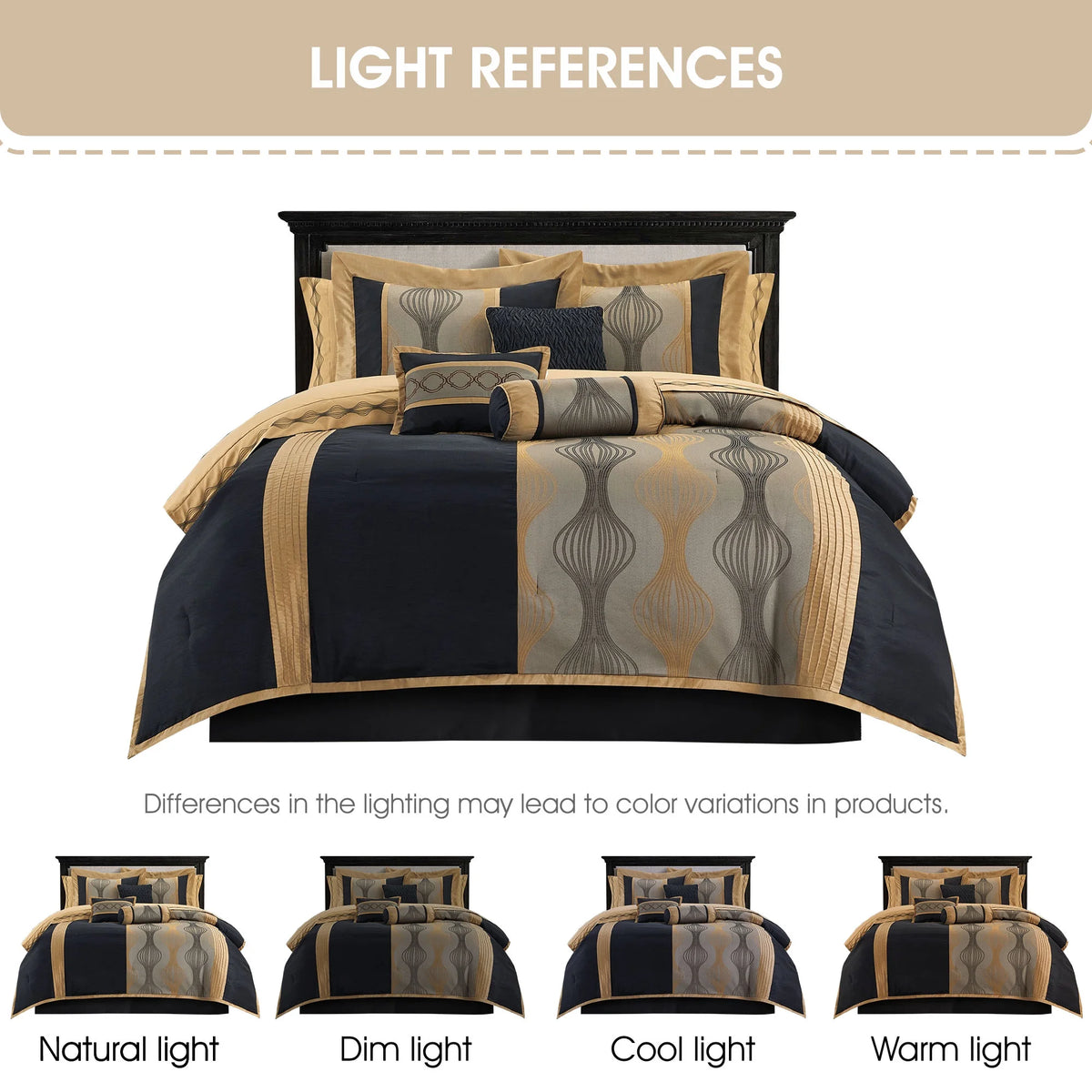 Lanco Elegant Black and Gold Comforter Set,Striped, 7 Pieces Jacquard Bedding Sets with Comforter for All Season, Bed Skirt, Pillows & Shams, Queen Size, Lightweight Microfiber