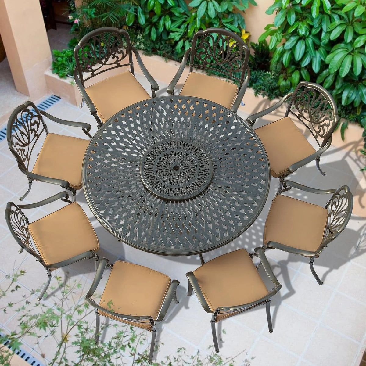 VIVIJASON Outdoor 61" Patio Dining Table for 6-8 Person, Large Patio Round Dining Table with 24" Lazy Susan, Dark Bronze Cast Aluminum Rustic Patio Table W/Umbrella Hole for Balcony, Porch and Deck