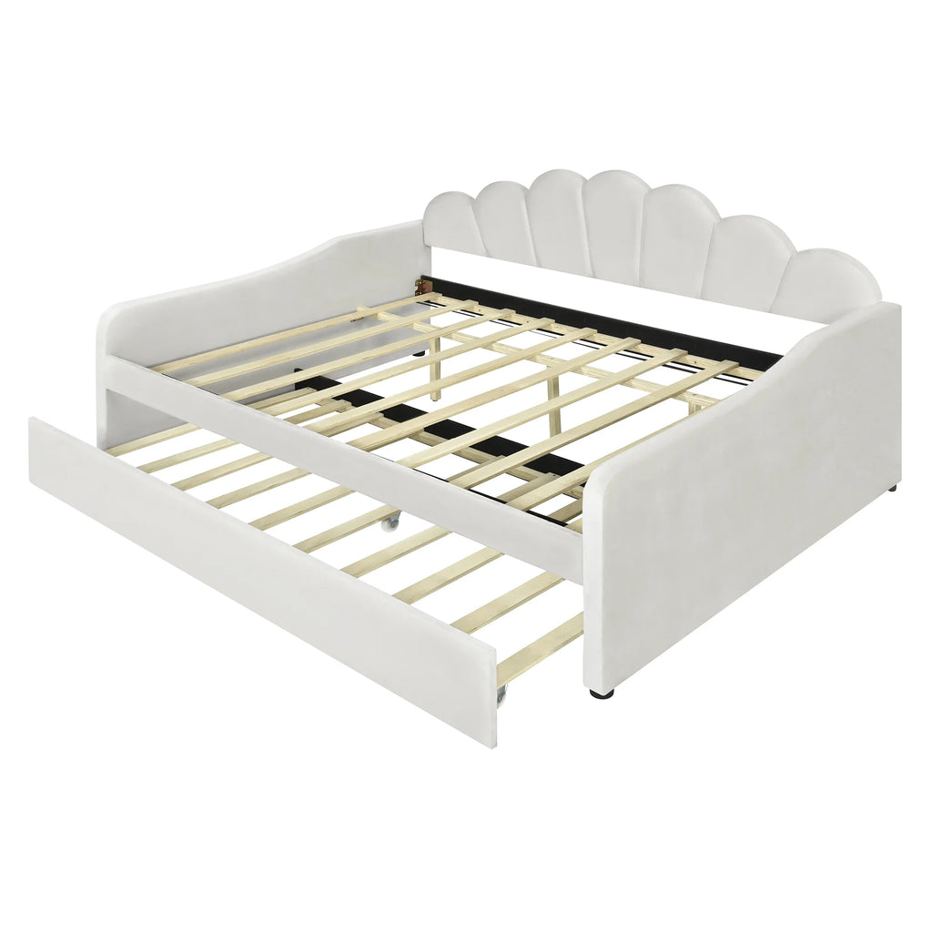 EUROCO Upholstery Full Size Platform Bed, Upholstered Daybed with Headboard and Trundle, Beige