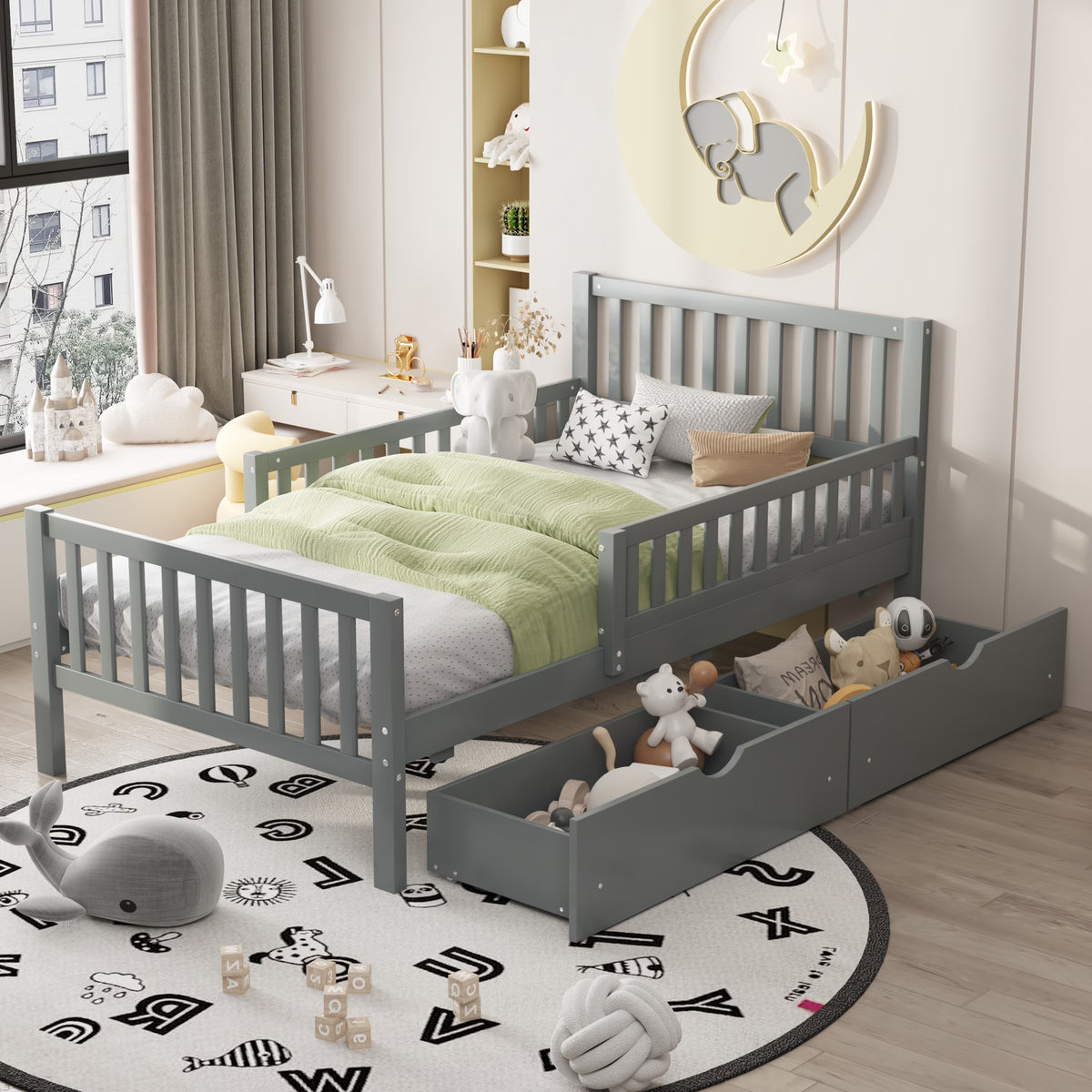 Bellemave Twin Bed with Storage Drawers and Fence Rails, Wood Platform Beds Frame with Headboard, Twin Size Storage Bed for Kids Boys Girls Teens��White)