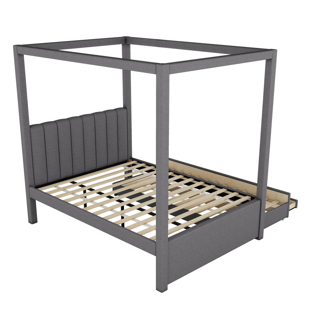 EUROCO Upholstered Full Size Canopy Bed Frame with Trundle Bed and 3 Drawers, Platform Bed with Headboard for Kids Teens Adults, Beige