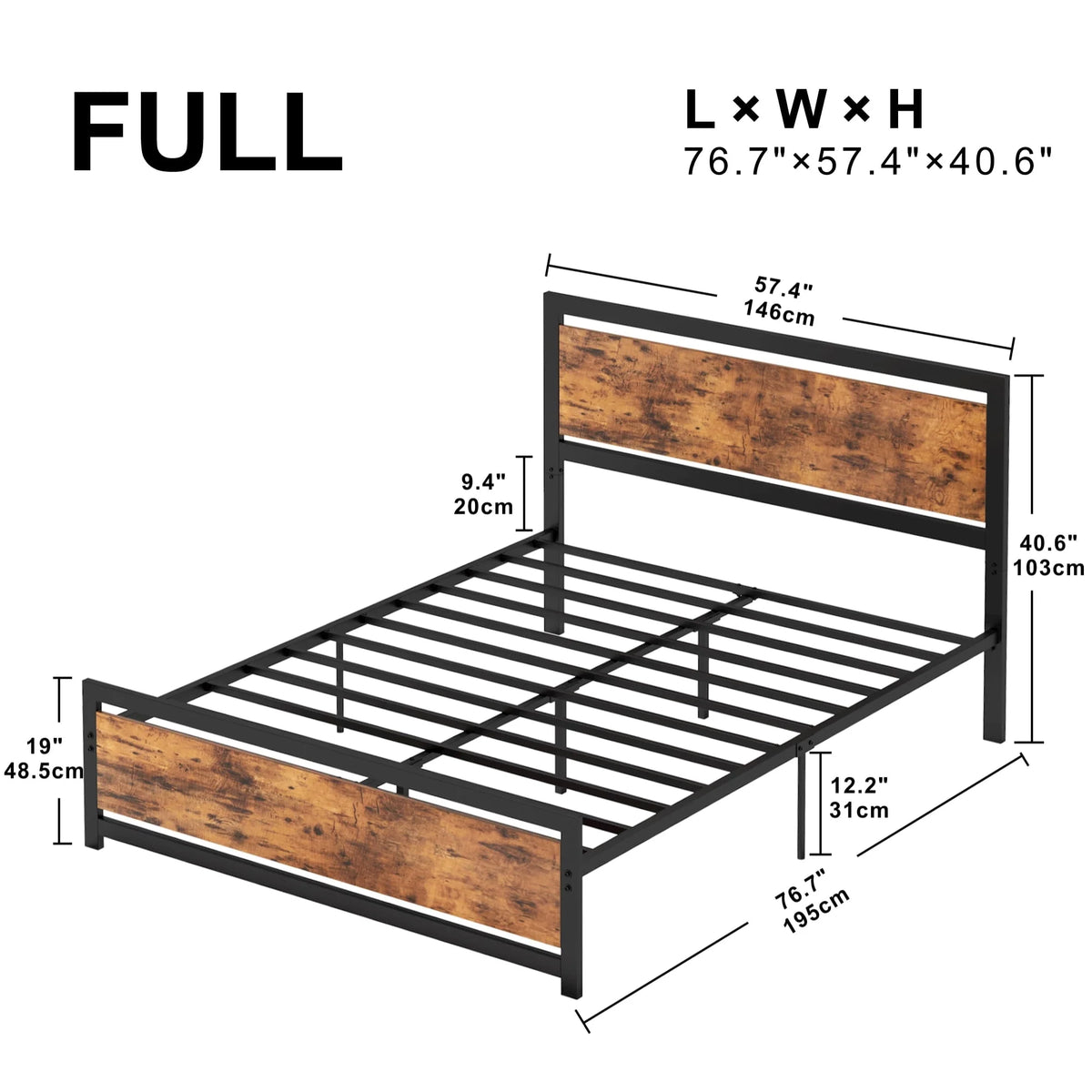 LIKIMIO Industrial Full Bed Frame with MDF Headboard, Strong Supports