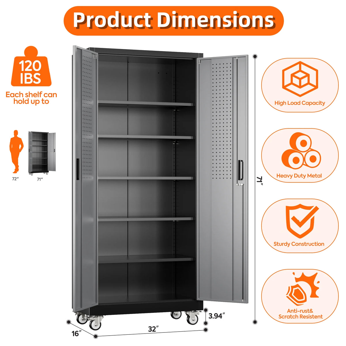 Supeer Locking Storage Cabinet with 5 Adjustable Shelves, Steel, Black, 71" H, Assemble Required