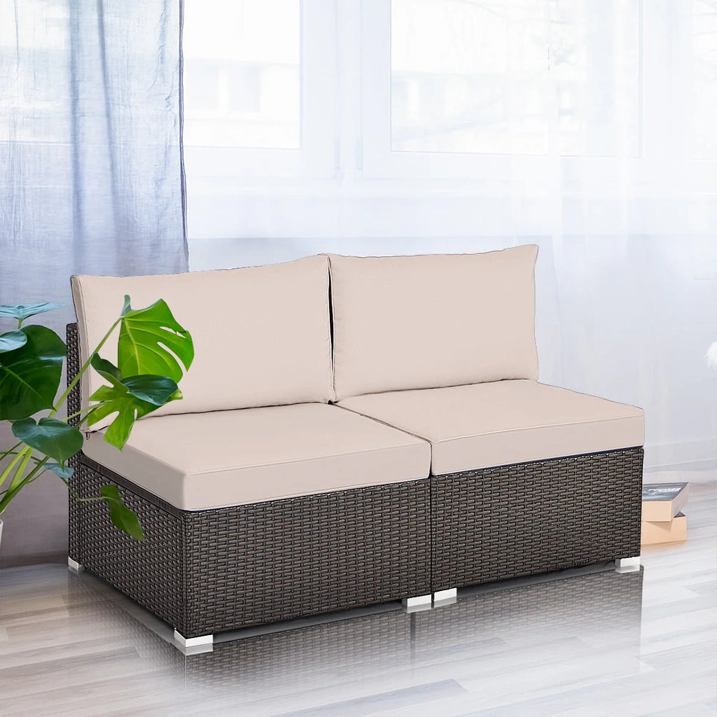 Costway 2PCS Patio Rattan Armless Sofa Sectional Furniture Brown Cushion