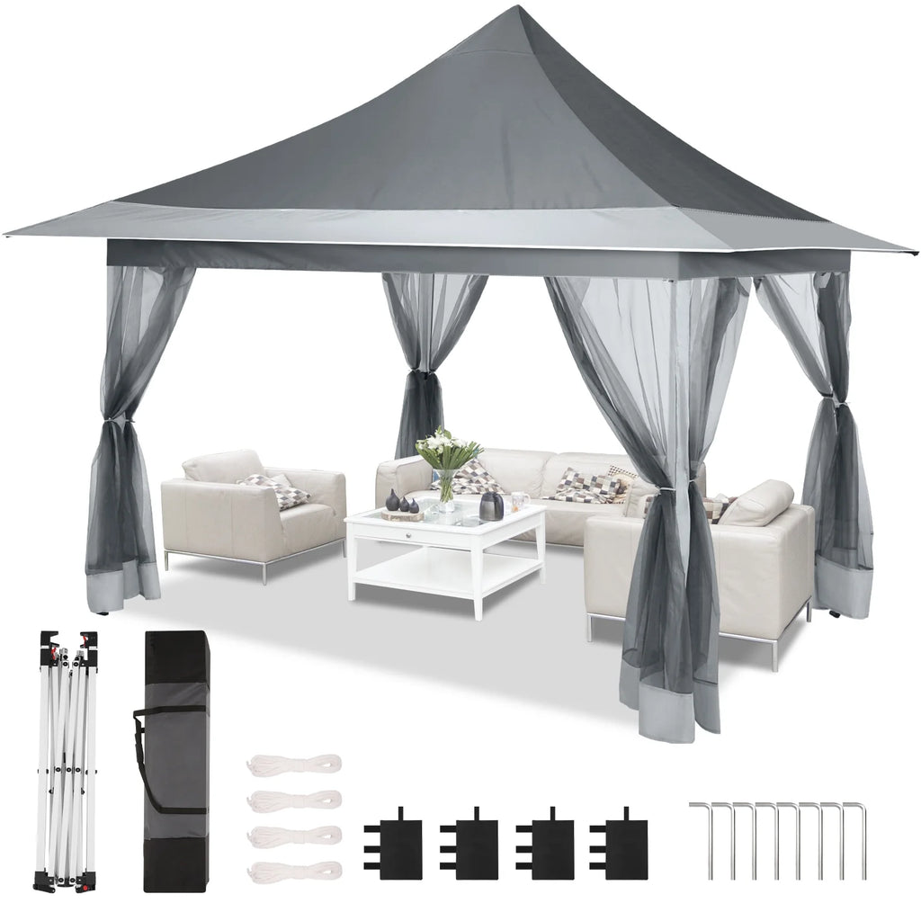 HOTEEL 12x12 EZ Pop Up Gazebo Tent with Sidewalls,Patio Gazebo Instant Shelter for Outdoor Party Camping Backyard Beach with Carry Bag,Stakes,Ropes,Gray
