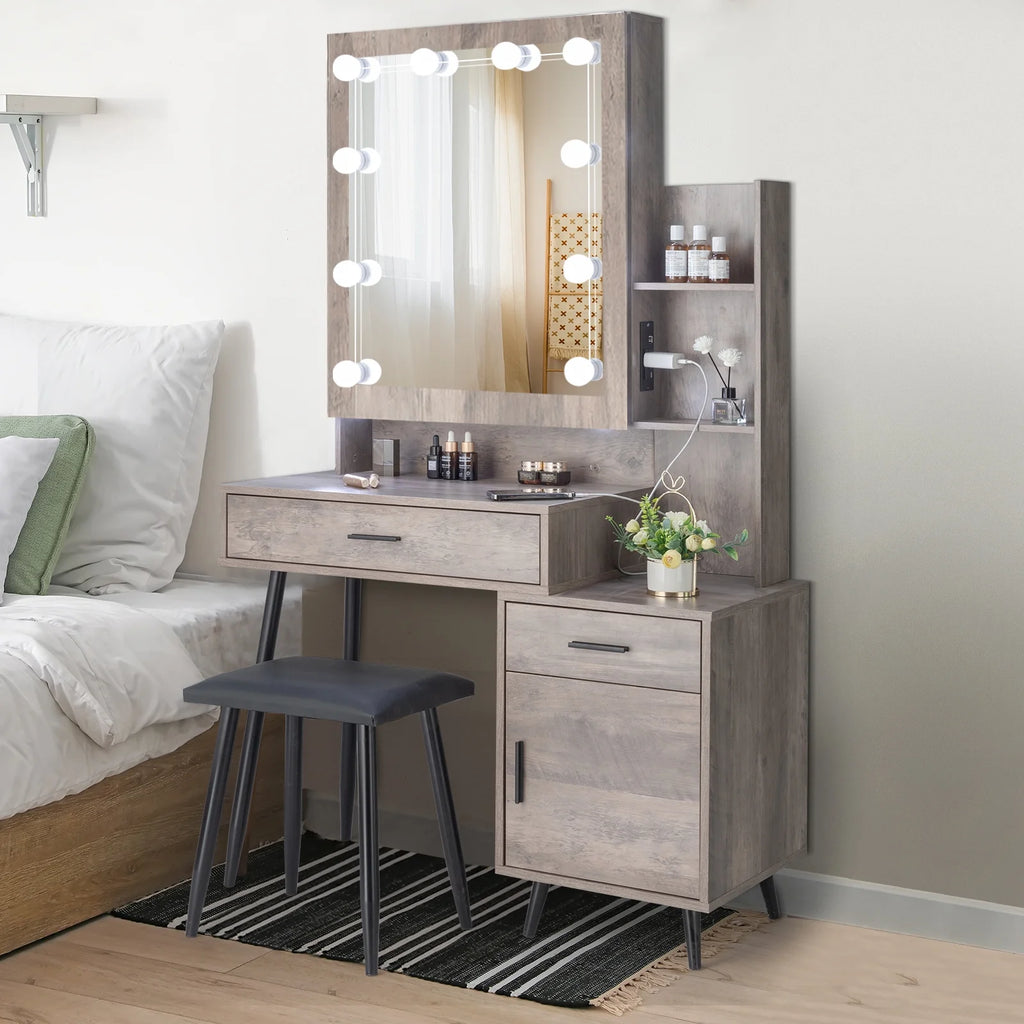 Kadyn Vanity Desk with Lighted Mirror, Vanity Table and Chair Set with 2 Drawers, Dressing Table Makeup Desk with 1 Door, Retro Gray