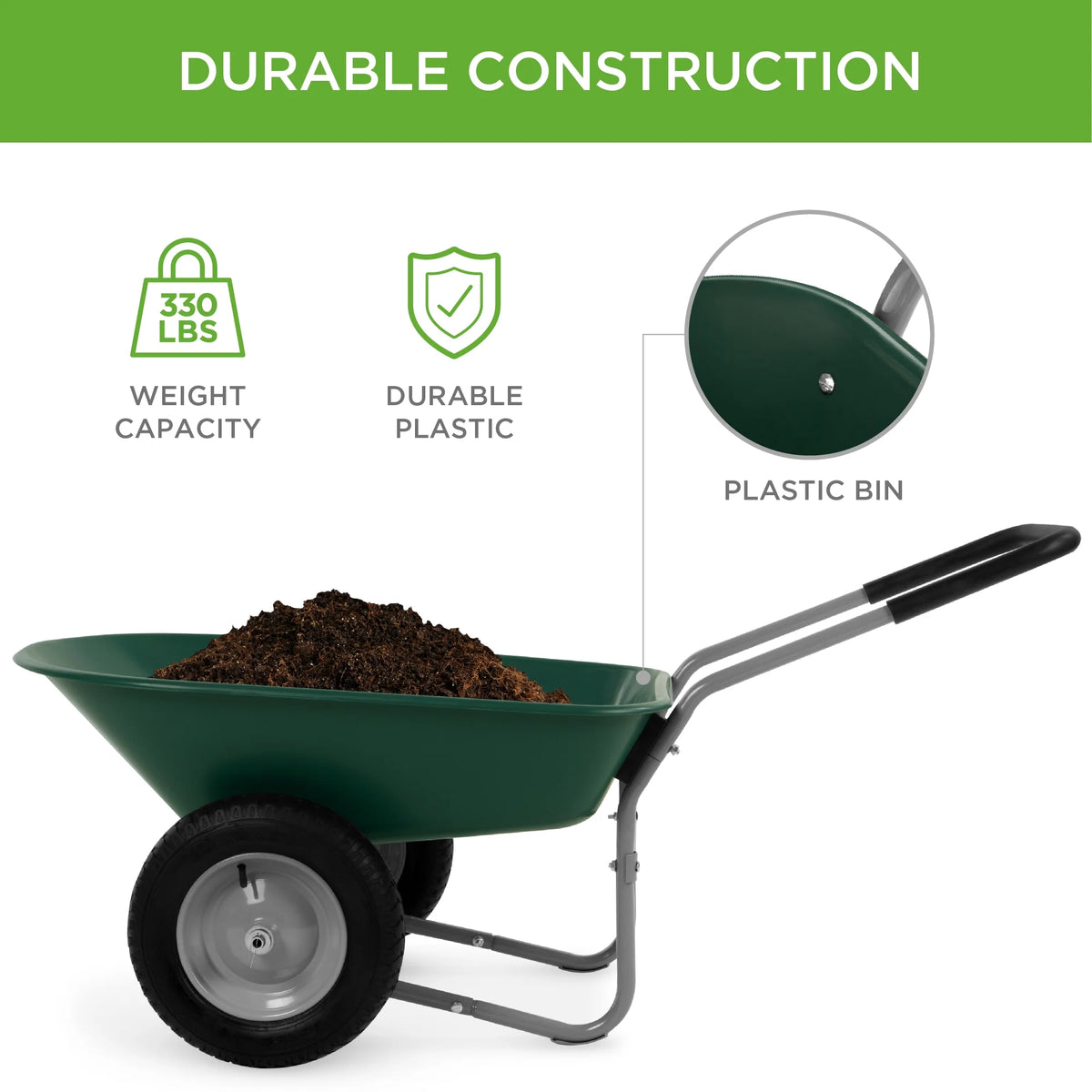 Best Choice Products Dual-Wheel Home Wheelbarrow Yard Garden Cart for Lawn, Construction - Green