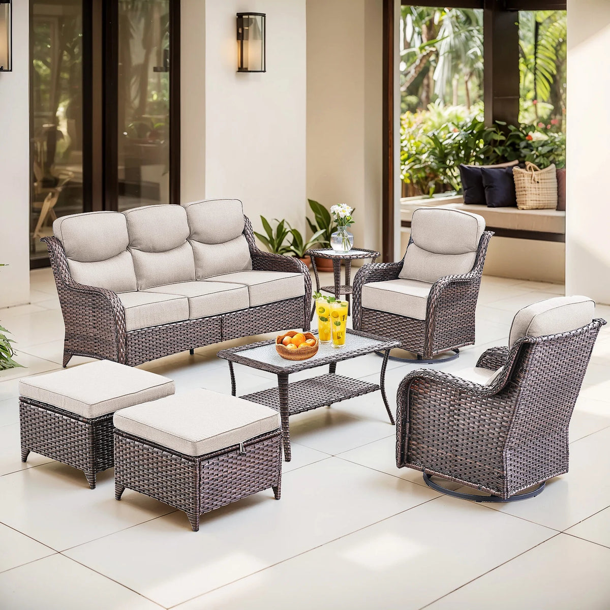 Bellefurn Luxury Outdoor Patio Furniture Set,Swivel Rocker Patio Chairs with 6-inch Thick Cushion,Patio Sofa and Glass Coffee Table,Outdoor Conversation Set for Porch, Deck, Yard
