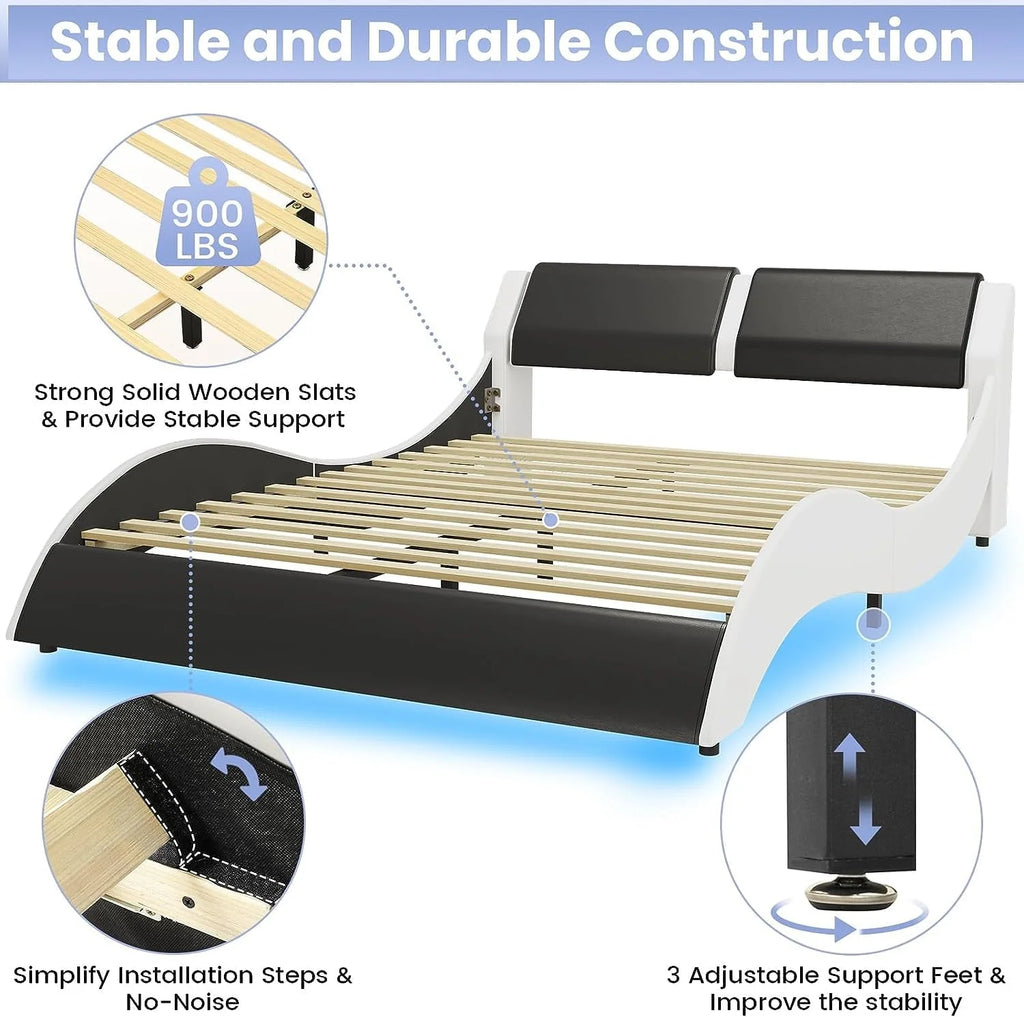 Queen Size Bed Frame with LED Lights,Modern Platform Bed Frame with Upholstered Headboard,Faux Leather Wave Like Low Profile Bed Frame,No Box Spring Needed,Black