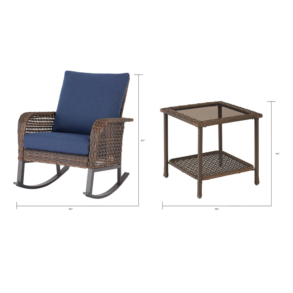 Mainstays Tuscany Ridge 3-Piece Wicker Rocking Chair Outdoor Bistro Set, Blue