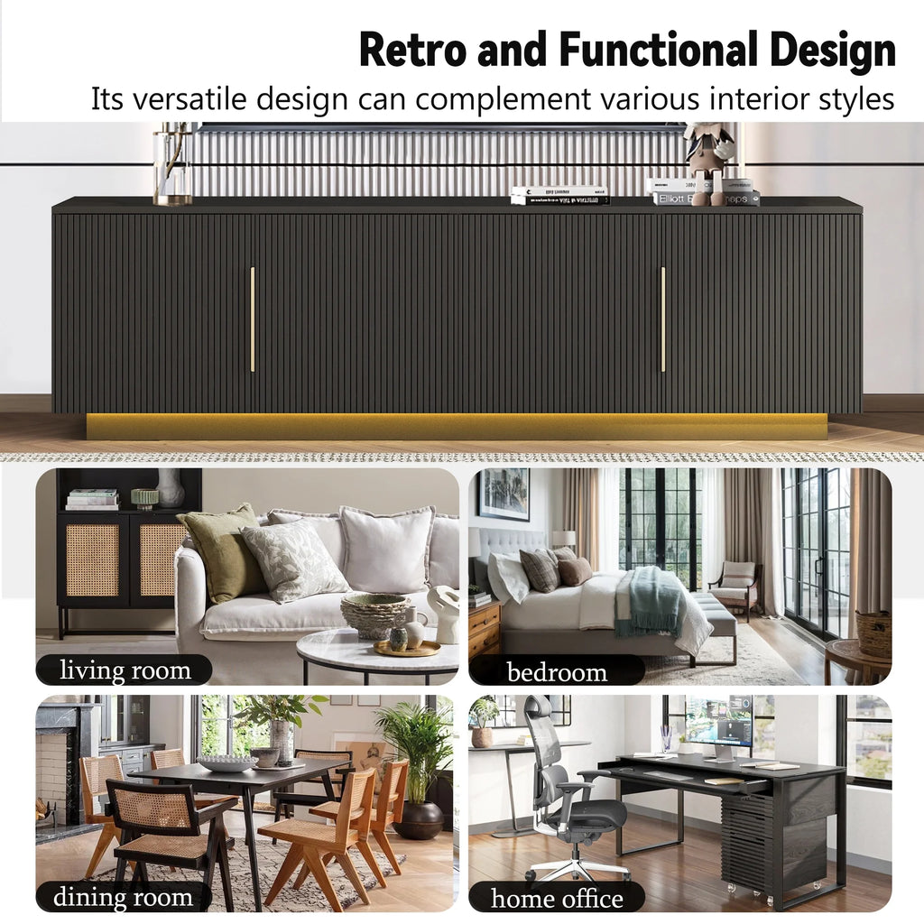 HIUU Fluted TV Stand Black,Black TV Console for Living Room,Mid Century Modern Entertainment Center 65 Inch TVs,Luxury Retro Console Table