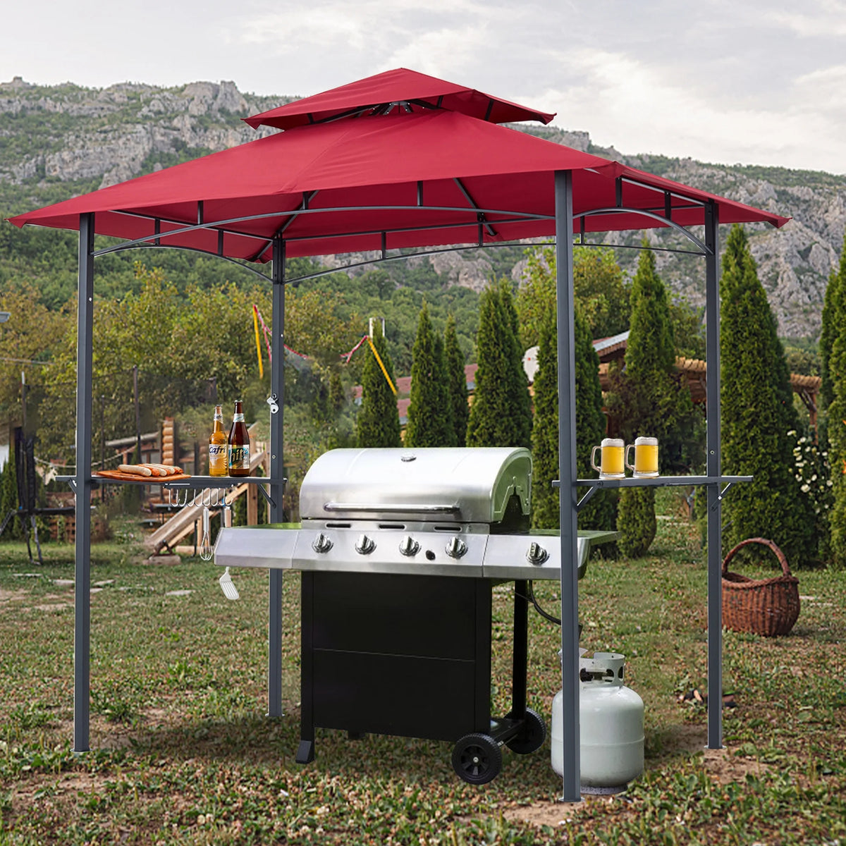 ABCCANOPY 8'x 5' Grill Gazebo Shelter, Double Tier Outdoor BBQ Gazebo Canopy with LED Light(Brown)