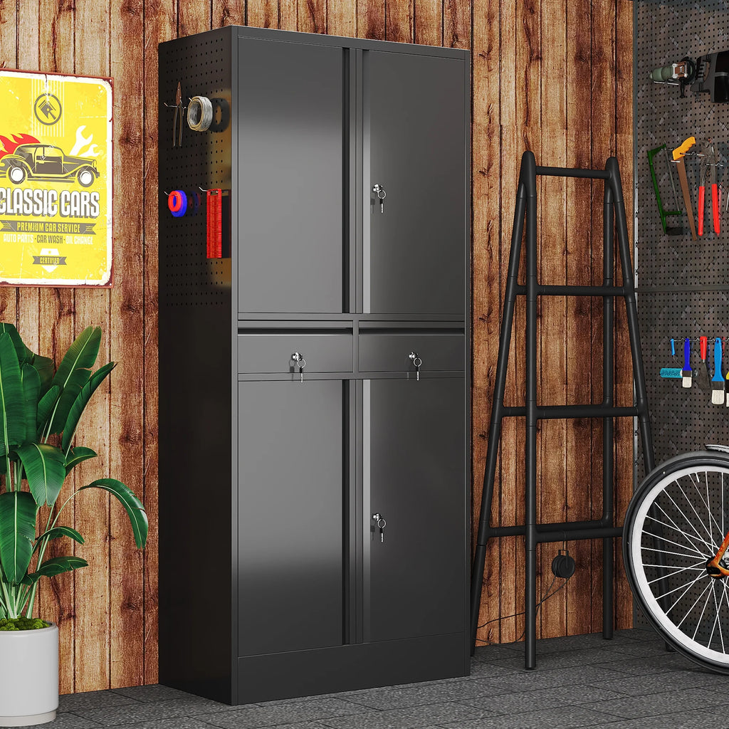 Aobabo 71.41''H Metal Garage Storage Cabinet with Lockable Doors and Hanging Rod,Broom Closet Storage Cabinet with Pegboard and Adjustable Shelves for Home Office School,Required Assembly,Black
