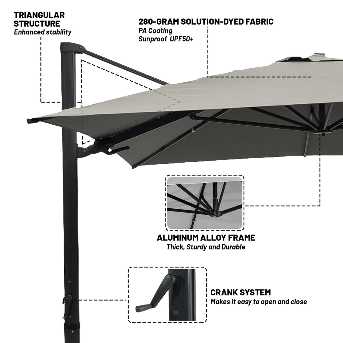 Boyel Living 10 x 13 FT Rectangle Patio Offset Umbrella Outdoor Large Cantilever Umbrella Heavy Duty Sun Umbrella, Gray(Without Base)