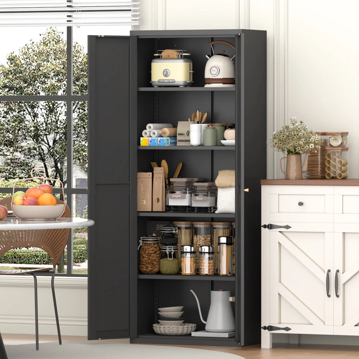Aukfa 71" Freestanding Kitchen Pantry Storage Cabinet with 4 Adjustable Shelves, Metal Food Pantry Cupboard for Kitchen/Garage/Office, White