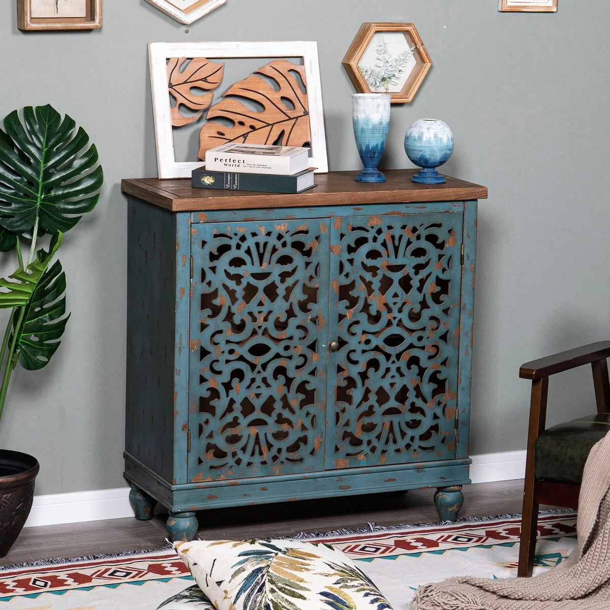 Sophia & William Hollow-Carved Credenzas and Sideboards, Wood Blue, 2 Shelves