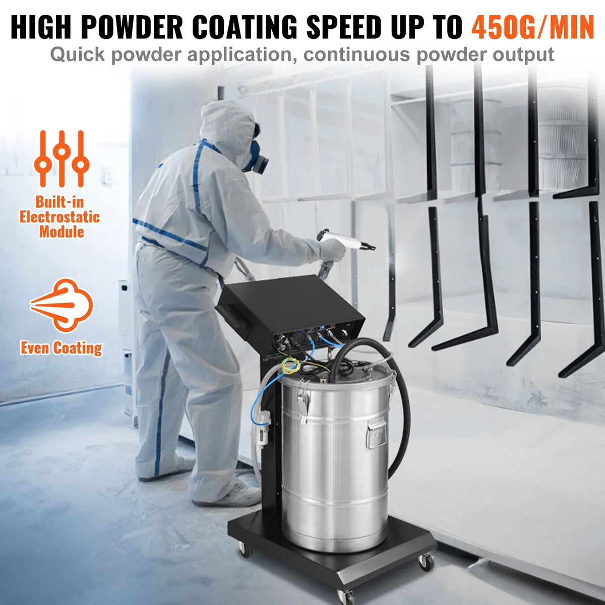 KFFKFF Powder Coating System, 40W Electrostatic Spray Spraying Gun Paint System With 50L Powder Hopper, 450g Per Minute Powder Coating Machine with Spray Gun and Trolley Base