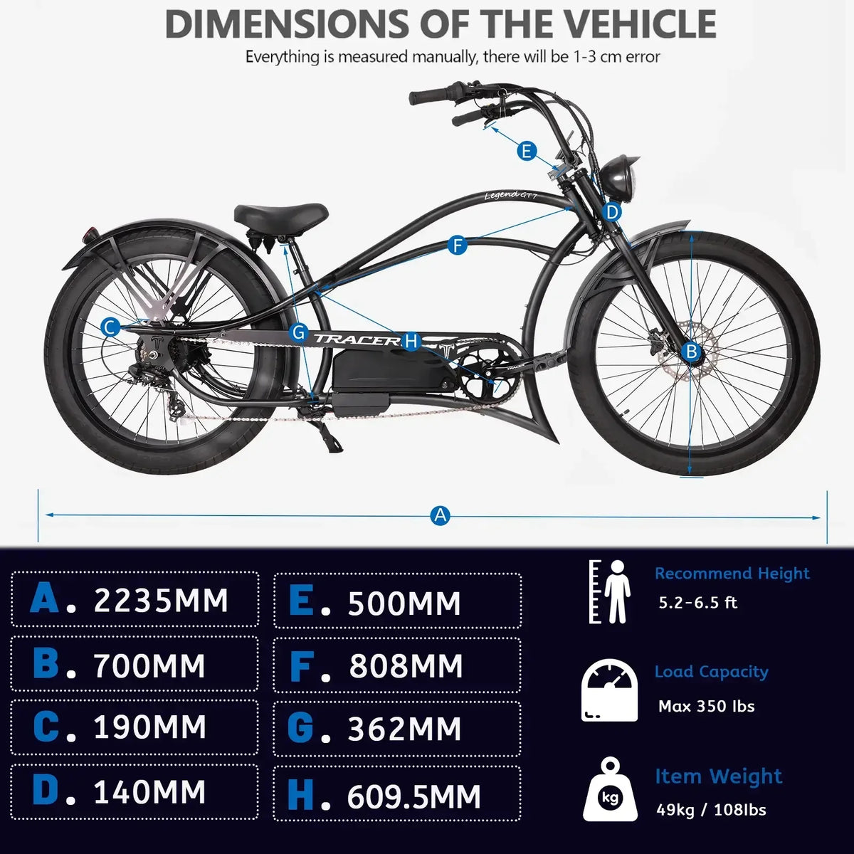 Tracer Legend GT7 Cruiser Chopper E-bike, 1000W Motor, 7 Speed, Disc Brake, for Men, Matte Black
