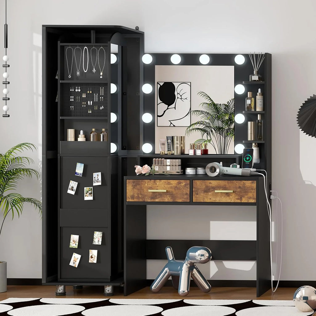 Makeup Vanity Desk with Mirror and Lights, White Vanity Desk with Charging Station, LED Cabinet, 5 Drawers & Storage Bag, Vanity Mirror with Lights Desk and Chair, Vanity Table Set with Stool