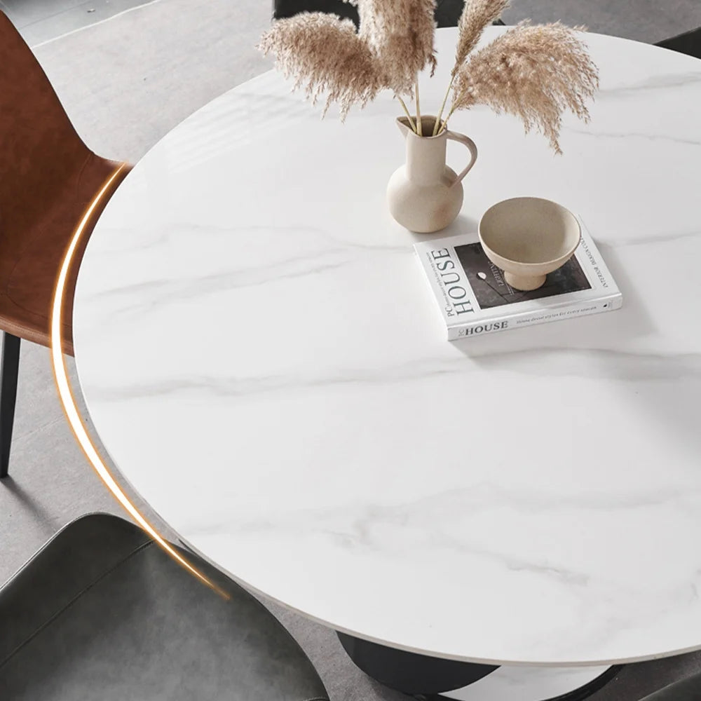 POVISON 7PCS Modern Dining Table Sets (59"Table + 6 Chairs), Round Glossy Sintered Stone Dining Table with Dining Chairs