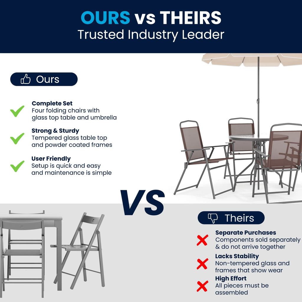 Flash Furniture Nantucket 6 Piece Black Patio Garden Set with Umbrella Table and Set of 4 Folding Chairs