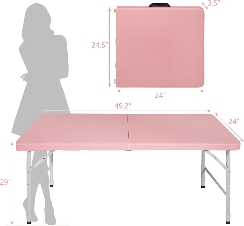 Folding Table with Carry Handle, Portable Fold-in-Half Plastic Table, Rectangle Foldable Table for Indoor