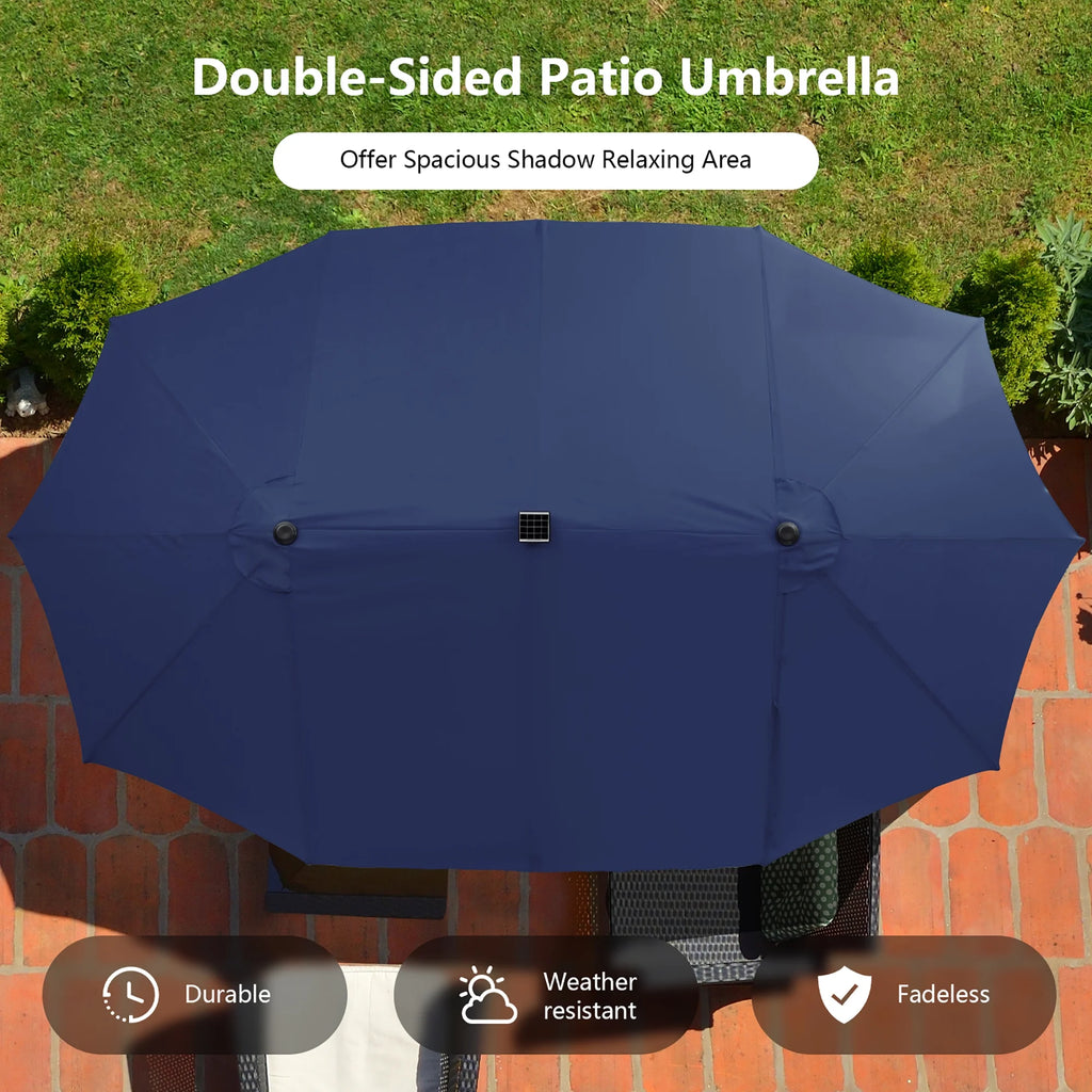 Costway 15FT Twin Patio Double-Sided Umbrella 48 Solar LED Lights Crank Outdoor Beige